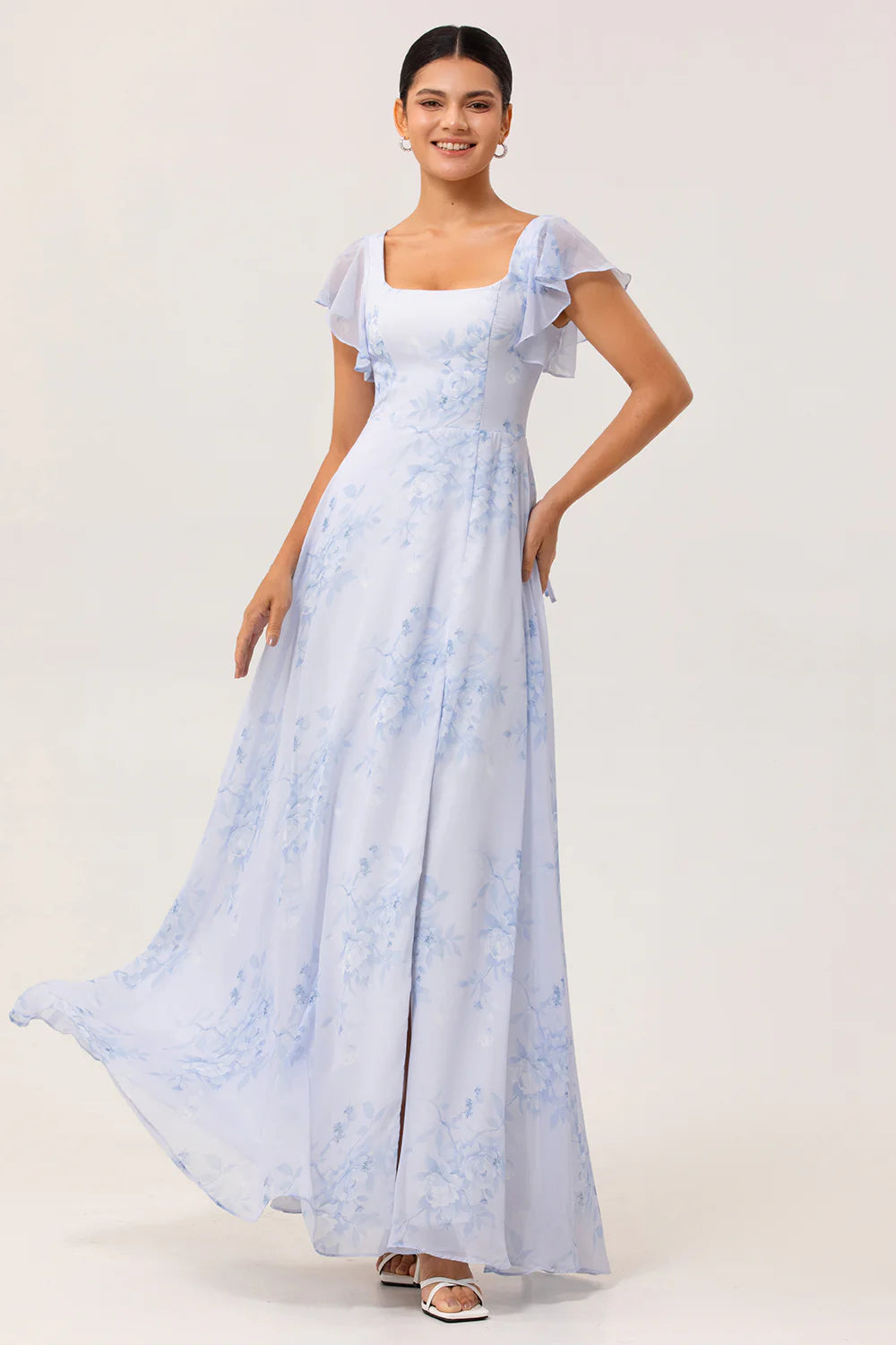 Blue Flower A Line Square Neck Chiffon Flutter Sleeves Long Bridesmaid Dress with Slit