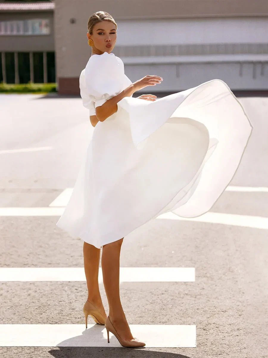 Elegant Bateau A Line Satin Knee length Wedding Dress