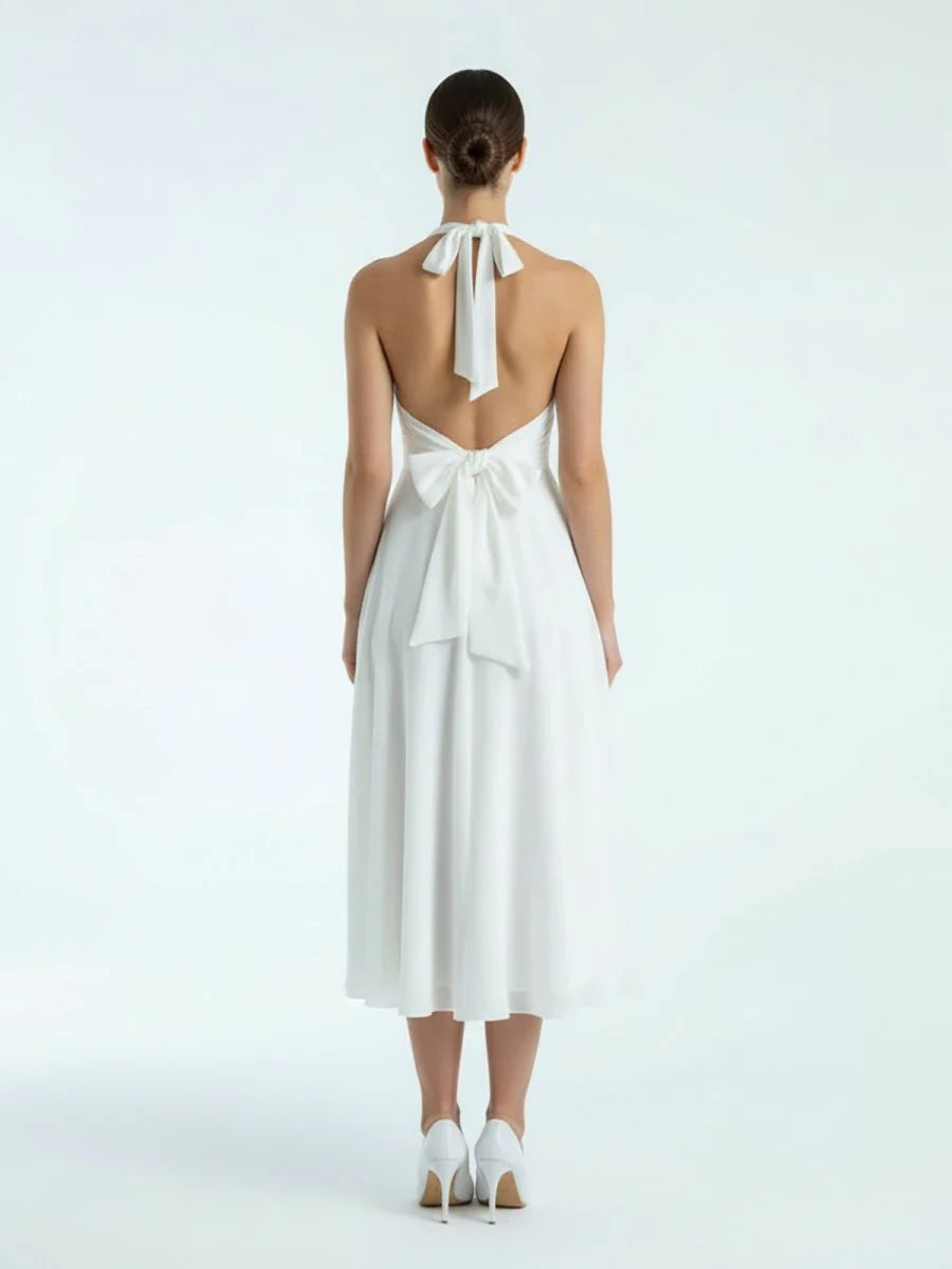 Vintage Tea Length Chiffon Wedding Dress With Halter Neck and Bow