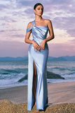 Sky Blue Mermaid Cold Shoulder Pleated Satin Maxi Dress with Slit