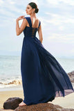 Dark Blue A Line Square Neck Corset Lace Up Back Chiffon Long Bridesmaid Dress