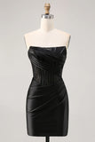 Black Strapless Satin Corset Ruched Bodycon Homecoming Dress