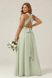 A Line Dusty Sage Halter Pleated Long Maternity Plus Size Bridesmaid Dress with Slit