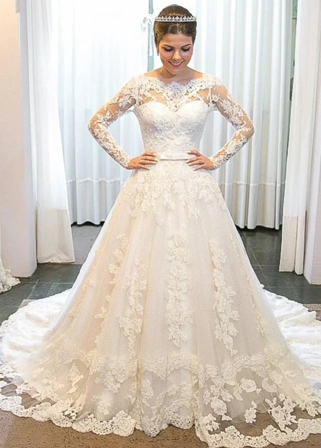 A line Lace Long Sleeves Wedding Dress Chapel Train
