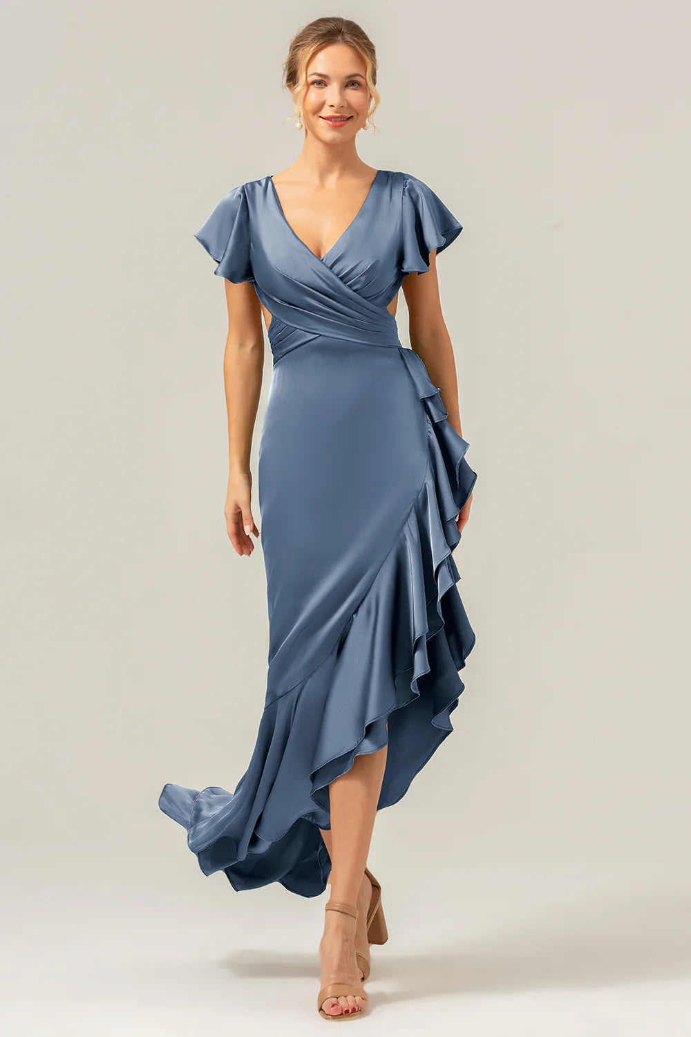 A Line V Neck Asymmetrical Dark Green Bridesmaid Dress with Ruffle Slit