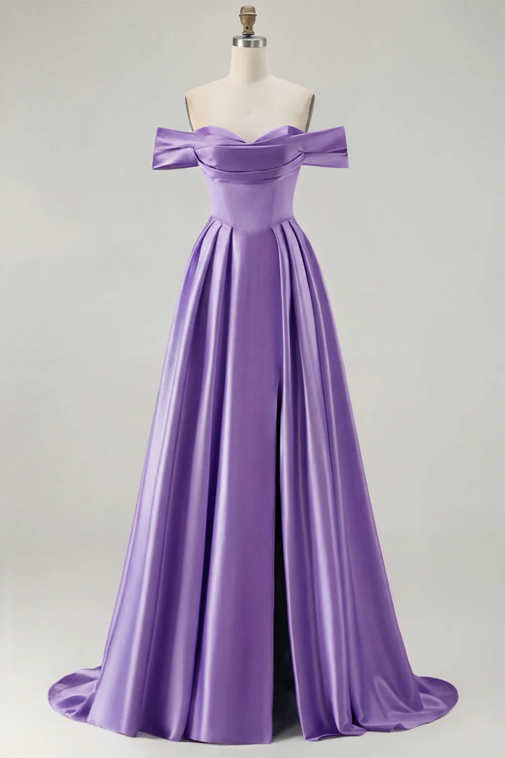 Off the Shoulder A Line Blue Satin Long Bridesmaid Dress with Slit