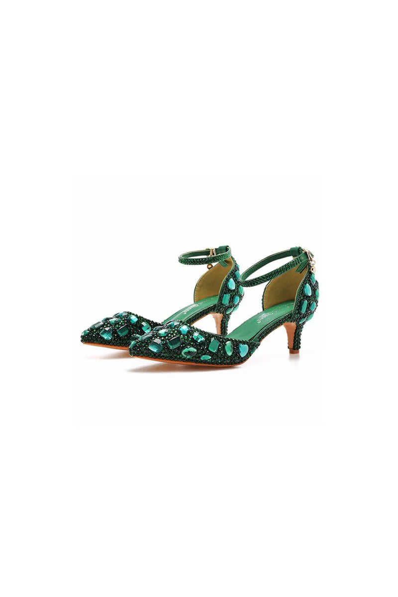 Pointed Toe Crystal Diamond Ankle Strap Kitten Heels