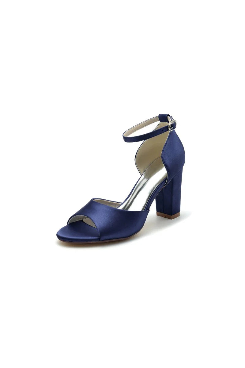 Simple Open Toe Ankle Strap Satin Chunky Heels
