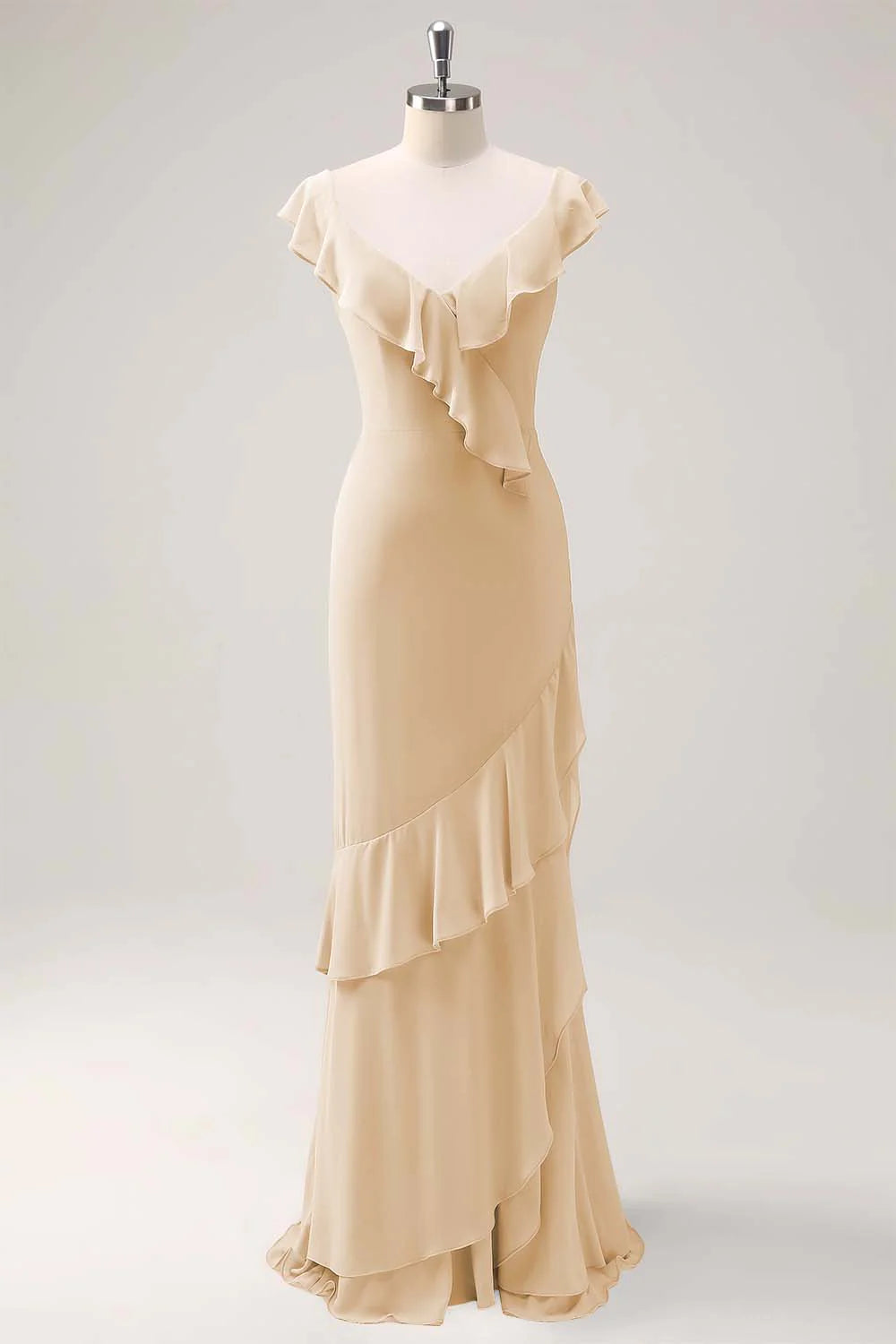 Dusty Sage Sheath V Neck Open Back Chiffon Long Bridesmaid Dress with Ruffles