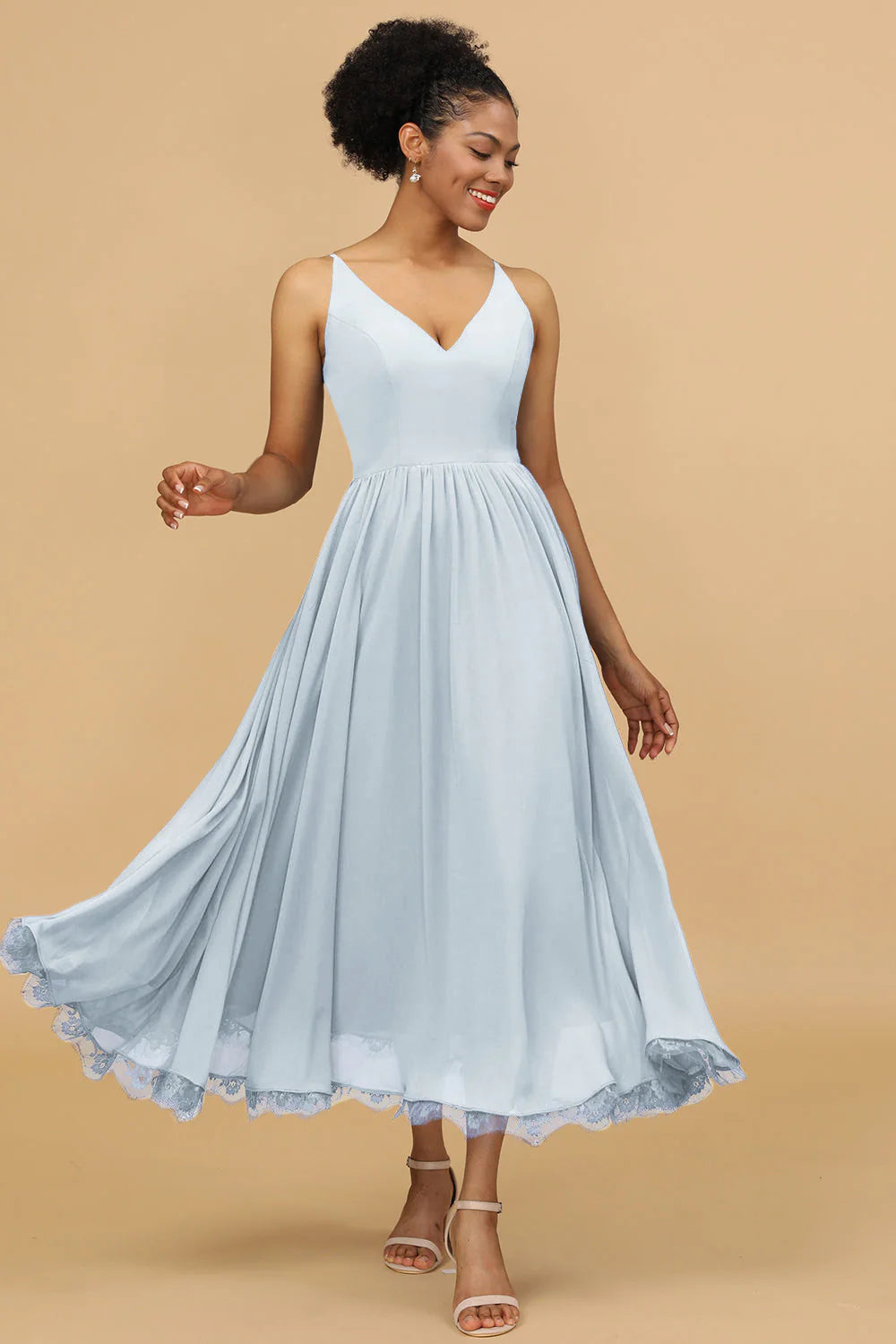 A Line Spaghetti Straps Long Chiffon Bridesmaid Dress with Ruffles