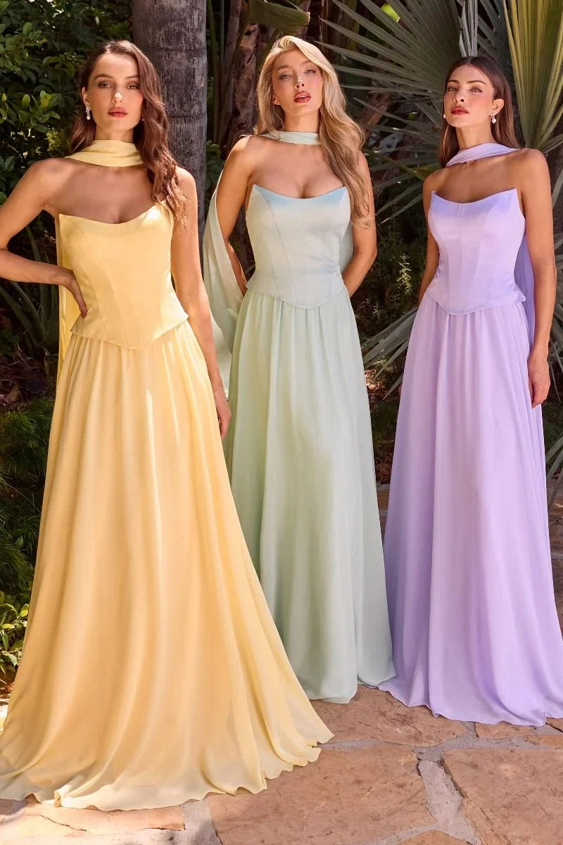 ISABELLA GOWN STRAPLESS CHIFFON DRESS WITH SCARF