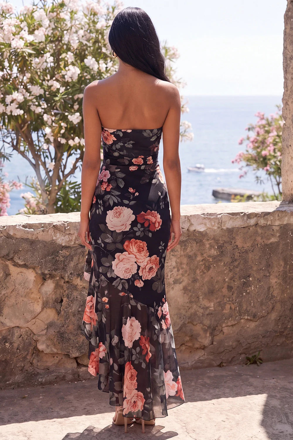 Black Strapless Floral High Low Wedding Guest Dress