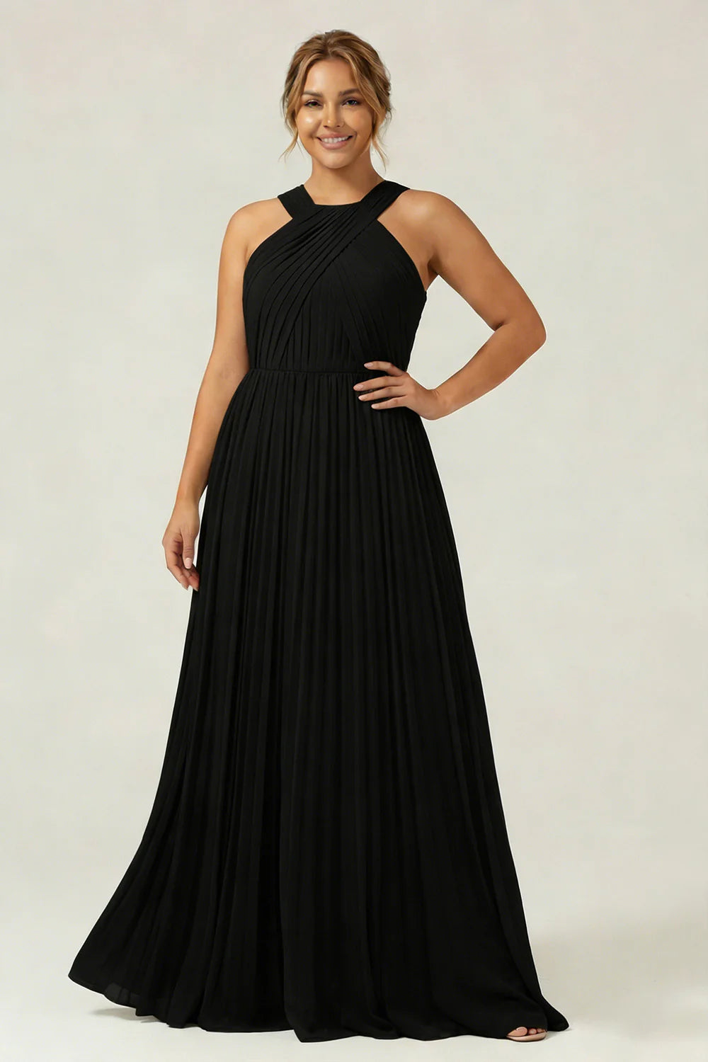Halter A Line Dusty Sage Pleated Long Plus Size Bridesmaid Dress