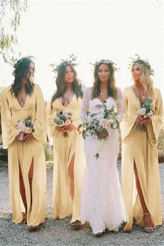 Boho A Line Deep V Neck Long Sleeves Light Bridesmaid Dresses