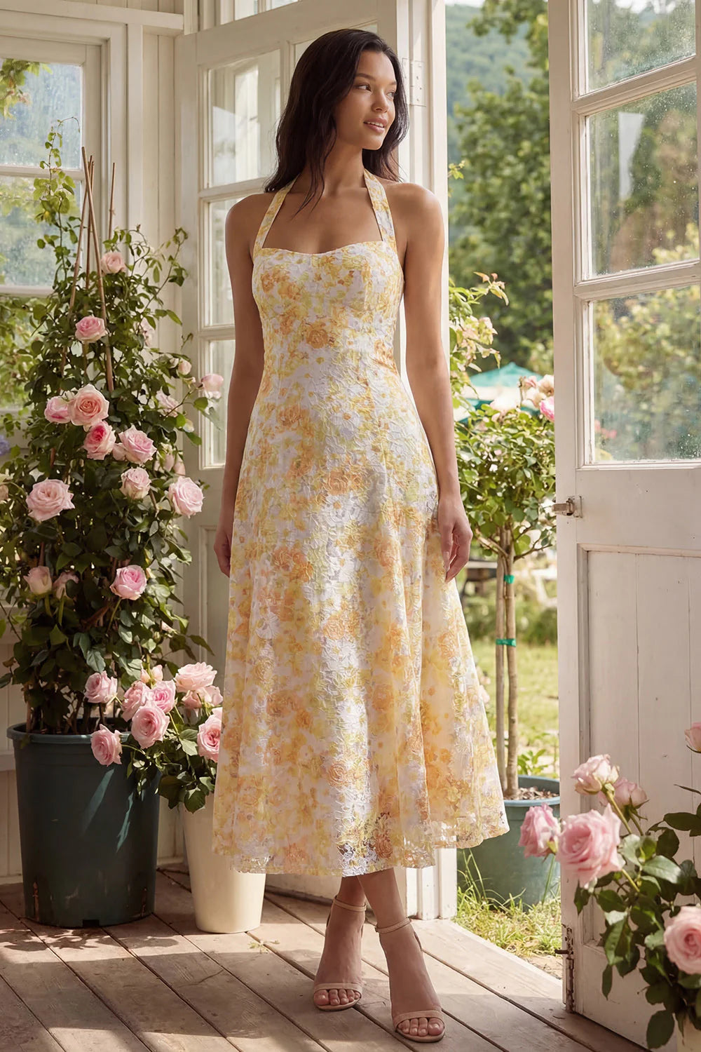 Floral Halter A Line Yellow Wedding Guest Dress