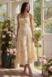 Floral Halter A Line Yellow Wedding Guest Dress