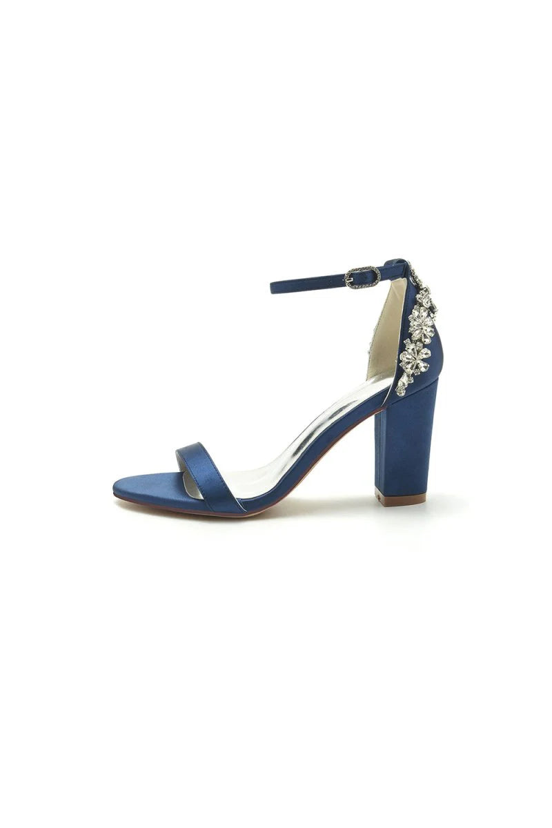 Satin Chunky Heels with Rhinestone