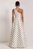 One Shoulder White Black Polka Dot A Line Formal Dress