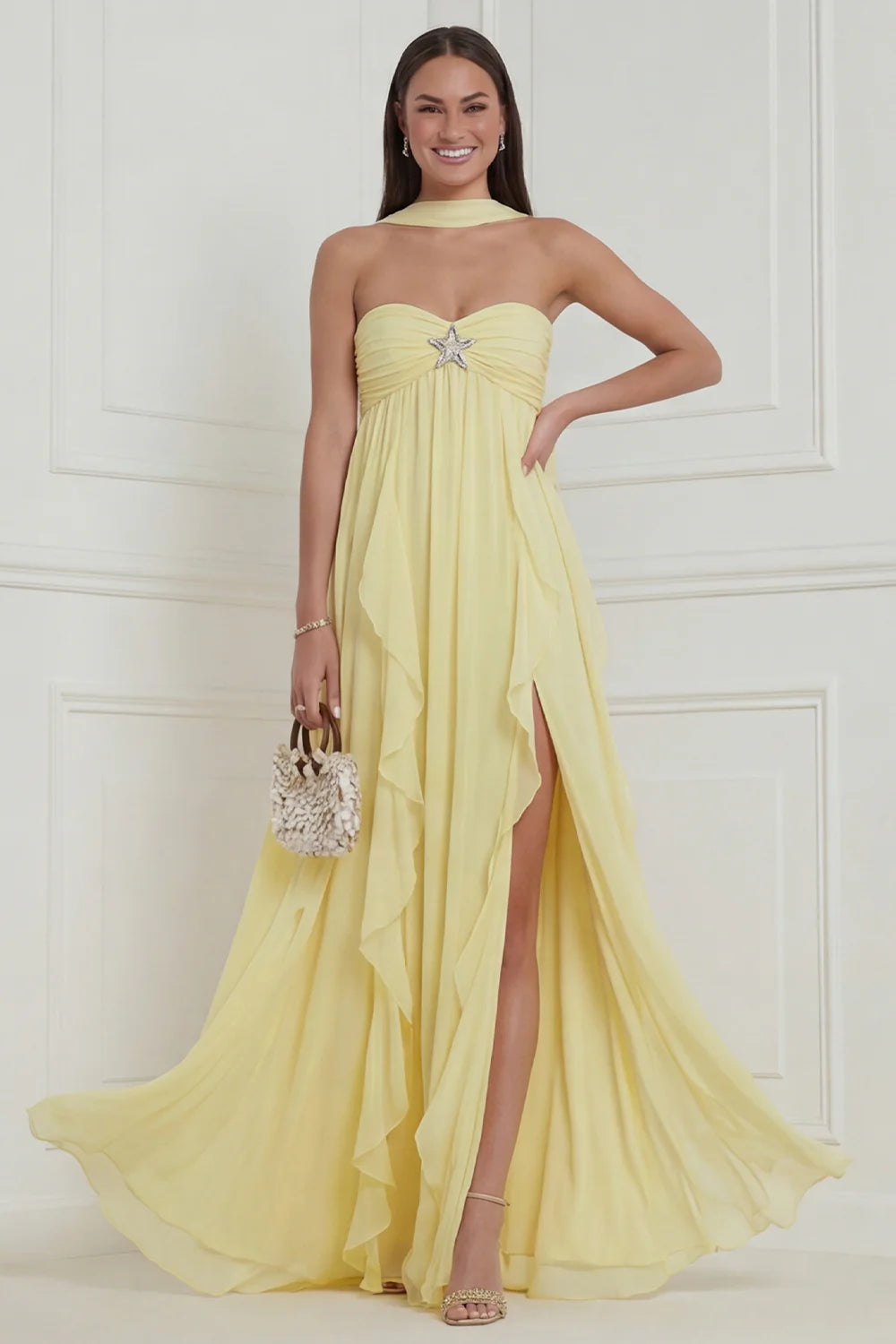 Strapless Halter Daffodil A Line Ruffled Long Wedding Guest Dress