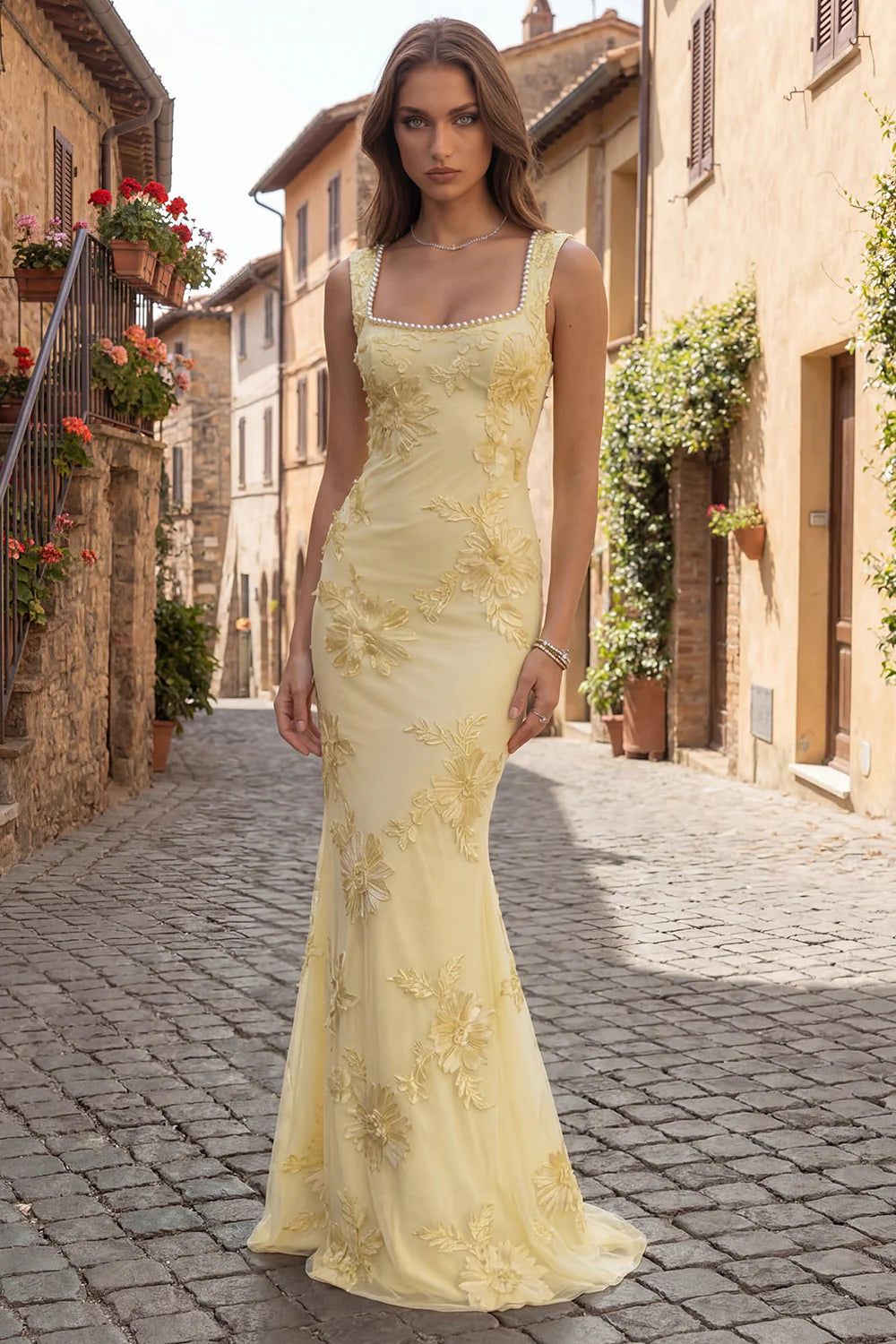 Mermaid Embroidered Yellow Square Neck Long Prom Dress with Pearls