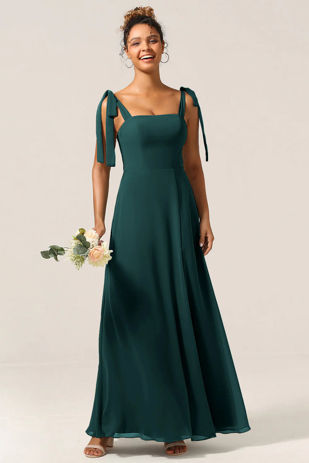 A Line Spaghetti Straps Floor Length Chiffon Bridesmaid Dress with Slit