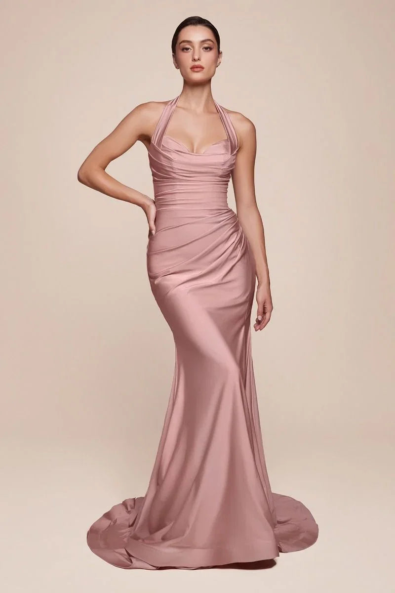 Autumn Gown Stretch Spandex Satin Halter Fitted Dress