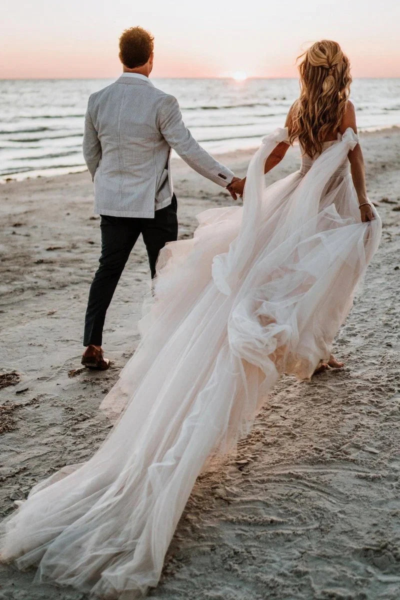 Beach Pleated Tulle Off The Shoulder A Line Wedding Dresses With Slit
