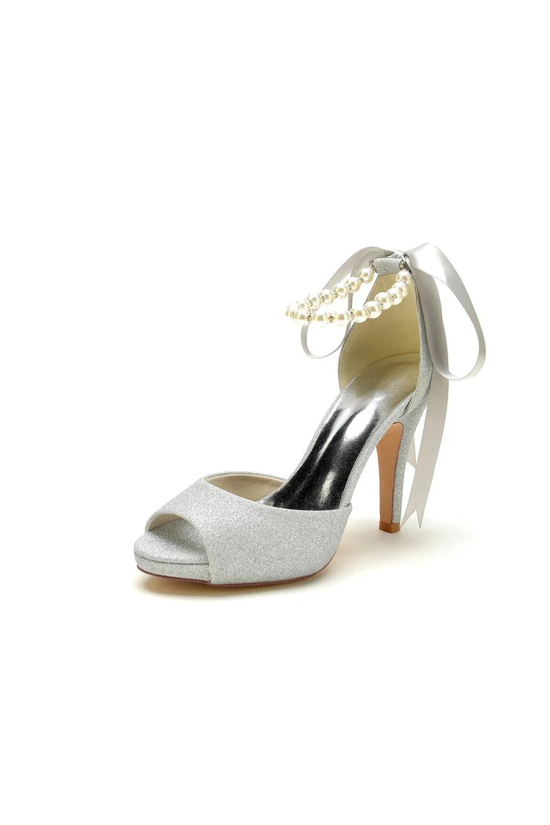 Peep Toe Pearl Strap Ribborn Wedding