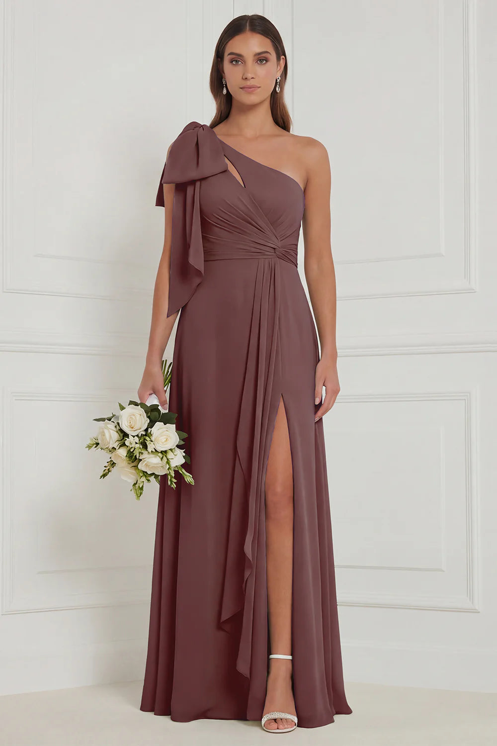 Sage A Line One Shoulder Long Bridesmaid Dress with Slit
