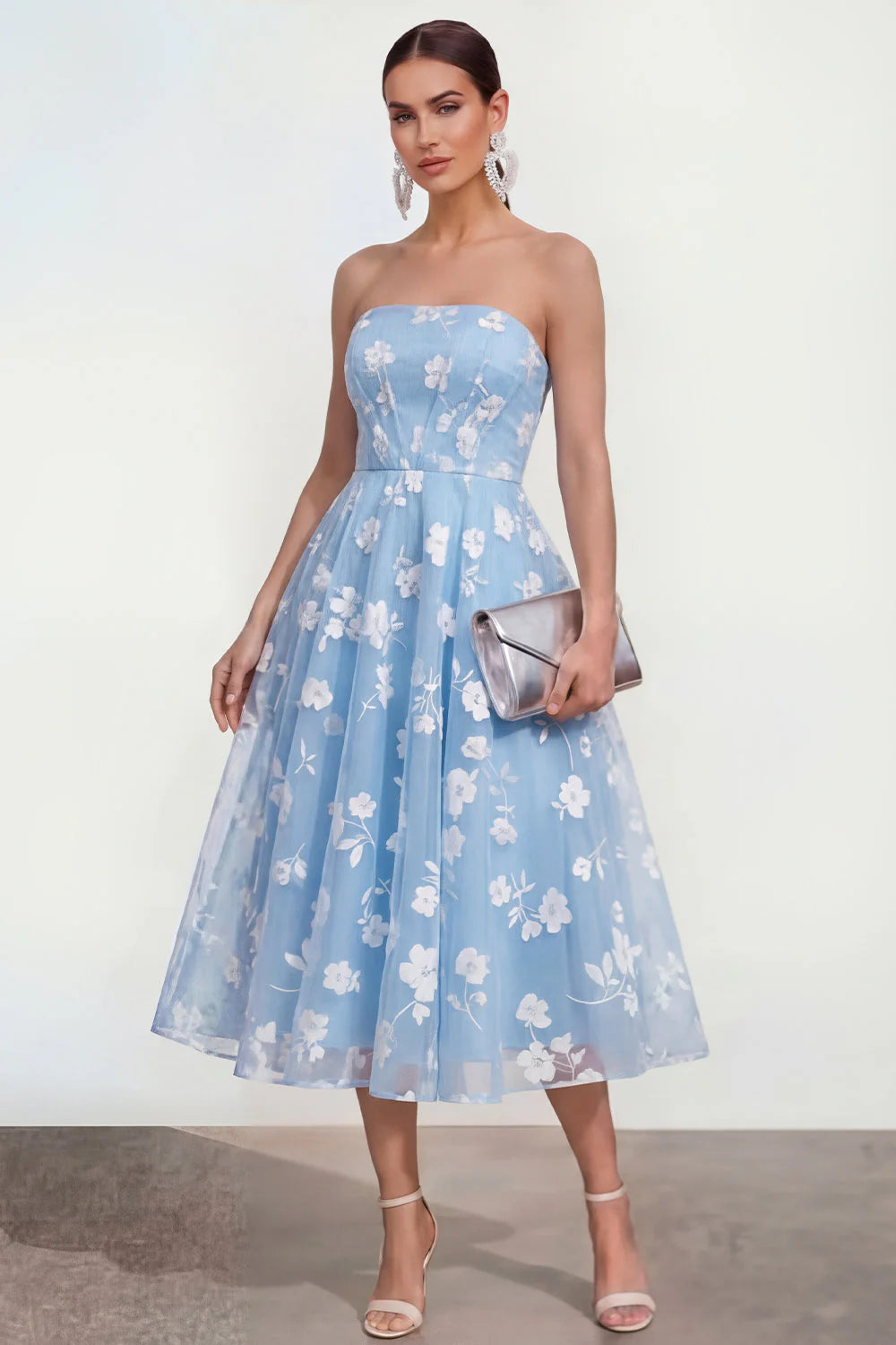 Strapless Floral Blue A Line Wedding Guest Dress