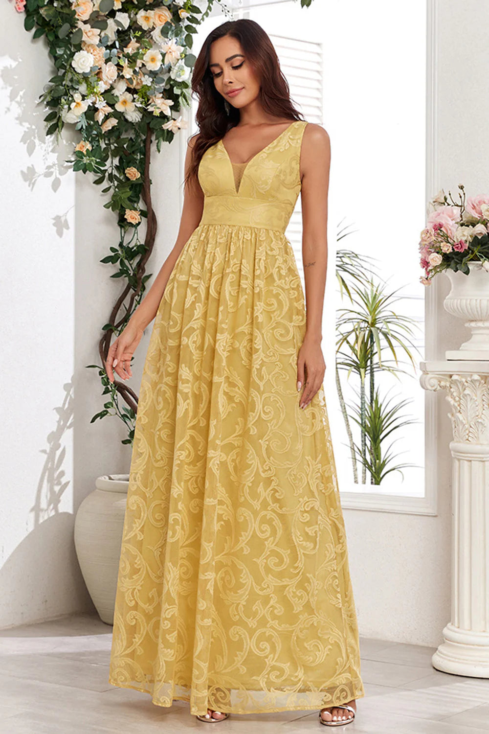 Yellow A Line V Neck Wedding Party Guest Dress With Appliques