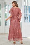 Elegant A Line Round Neck Floor Length Lace Dusty Rose Evening Dress