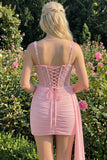 Pink Bodycon Ruched Beaded Corset Homecoming Dress with Sash