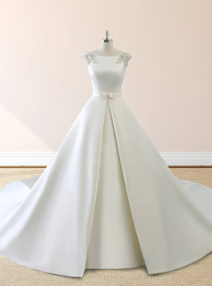 White Satin Cap Sleeve Lace Up Wedding Dress With Pearls