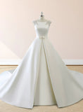 White Satin Cap Sleeve Lace Up Wedding Dress With Pearls