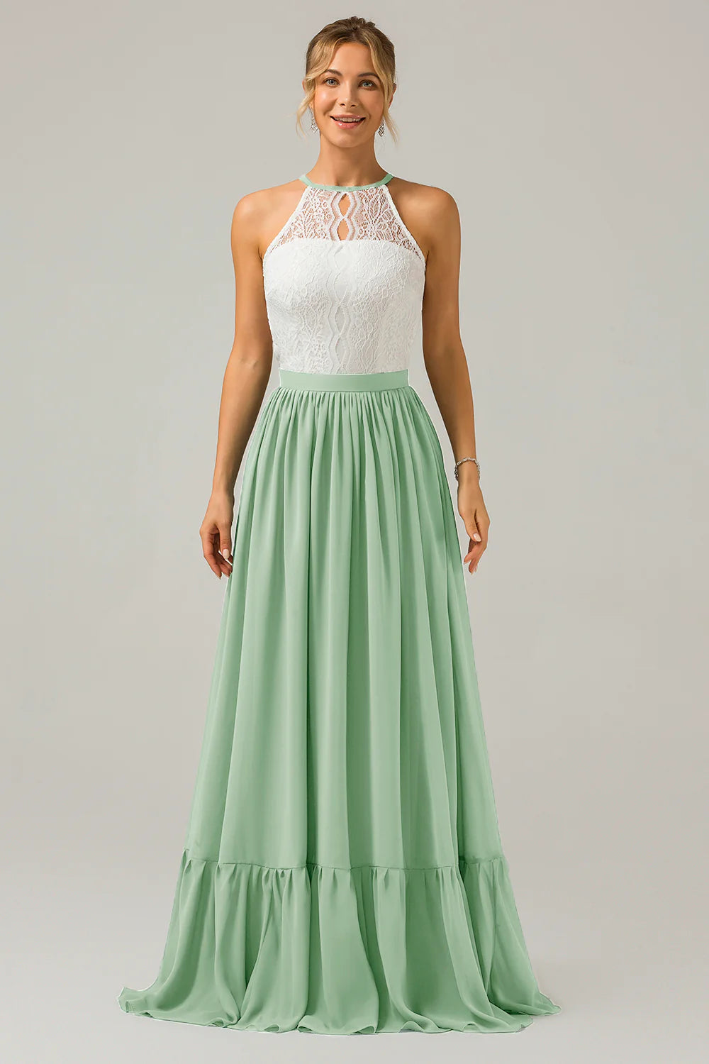 A Line Halter Pleated Keyhole Chiffon Bridesmaid Dress With Lace