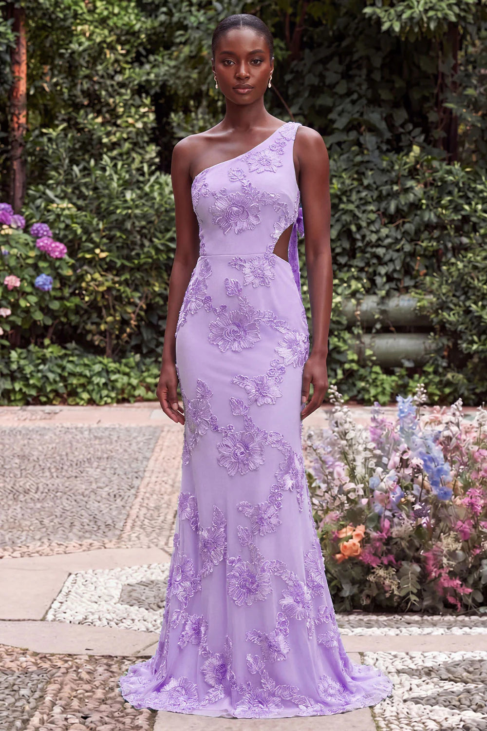 One Shoulder Mermaid Lilac Floral Embroidery Cut Out Maxi Dress with Bow