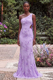 One Shoulder Mermaid Lilac Floral Embroidery Cut Out Maxi Dress with Bow