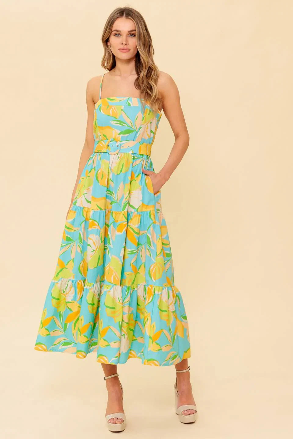 A PERFECT DAY MIDI DRESS BLUE YELLOW