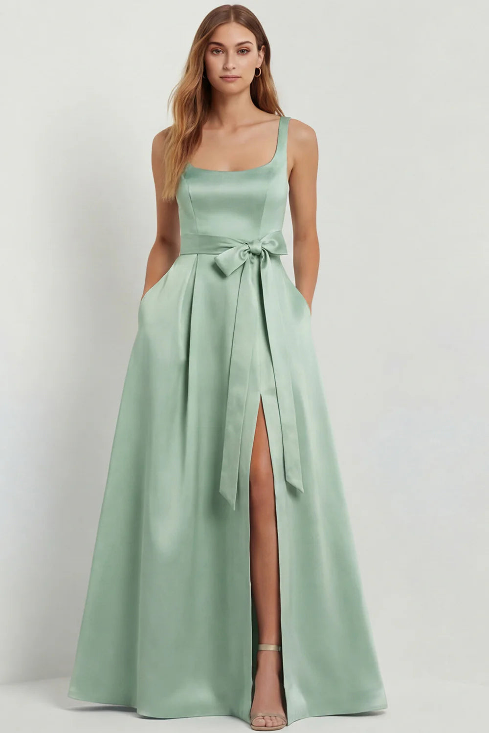 Light Blue A Line Square Neck Bow Satin Long Bridesmaid Dress with Slit