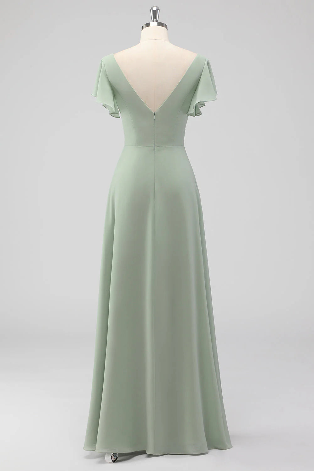 Sage Green A Line V Neck Chiffon Long Bridesmaid Dress with Slit