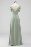 Sage Green A Line V Neck Chiffon Long Bridesmaid Dress with Slit