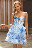 White Blue Flower A Line Strapless Cut Out Corset Tiered Homecoming Dress