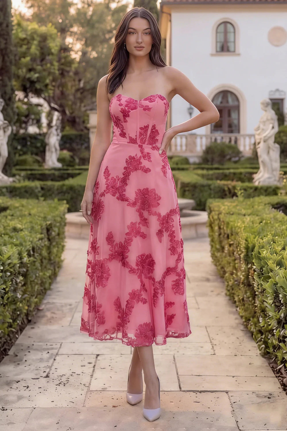 Hot Pink Floral A Line Strapless Corset Midi Wedding Guest Dress