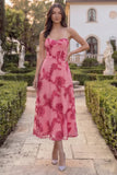 Hot Pink Floral A Line Strapless Corset Midi Wedding Guest Dress