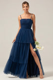 Navy A Line Spaghetti Straps Tulle Pleated Long Plus Size Bridesmaid Dress With Slit
