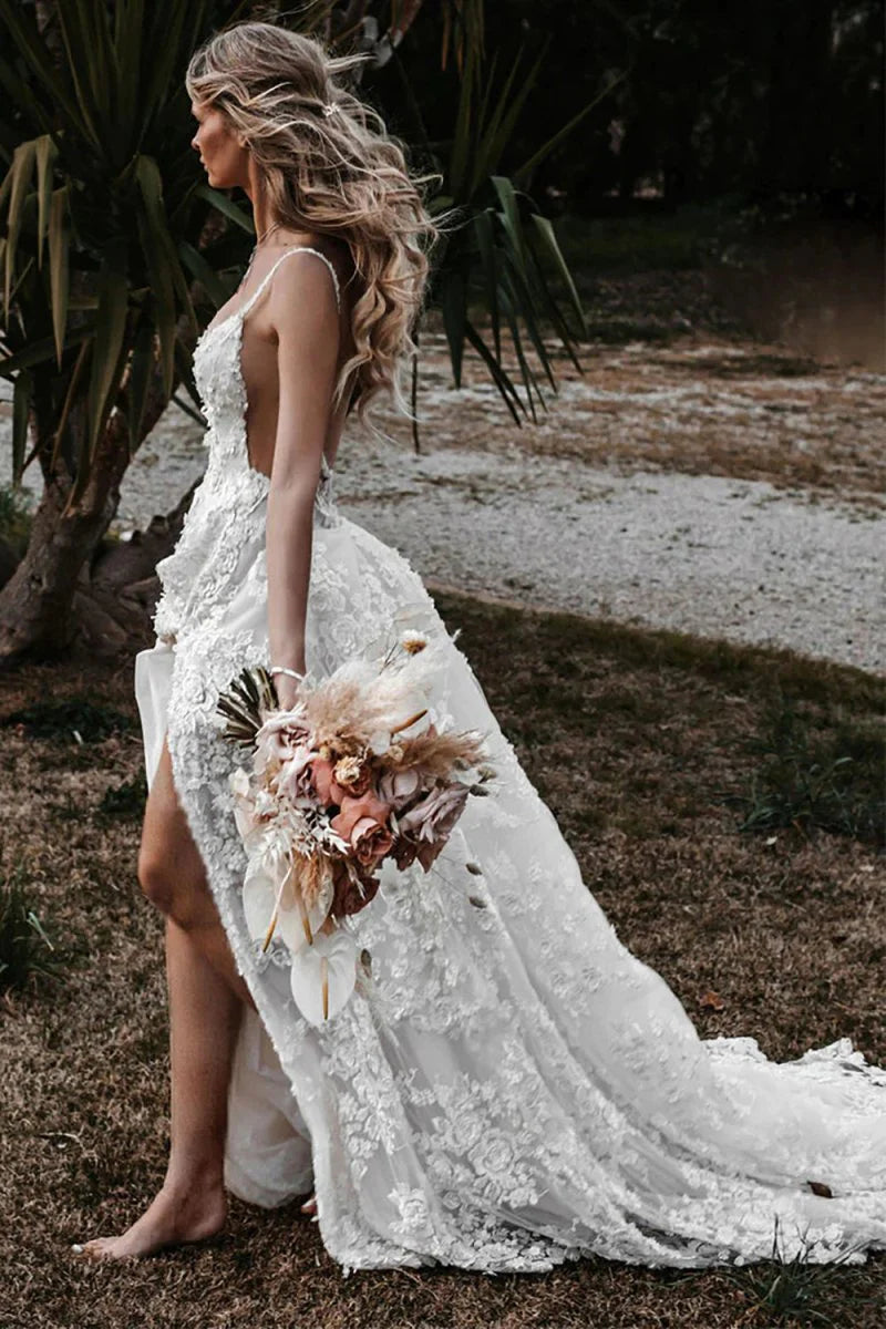 White Boho A Line Lace Wedding Dress with Appliques
