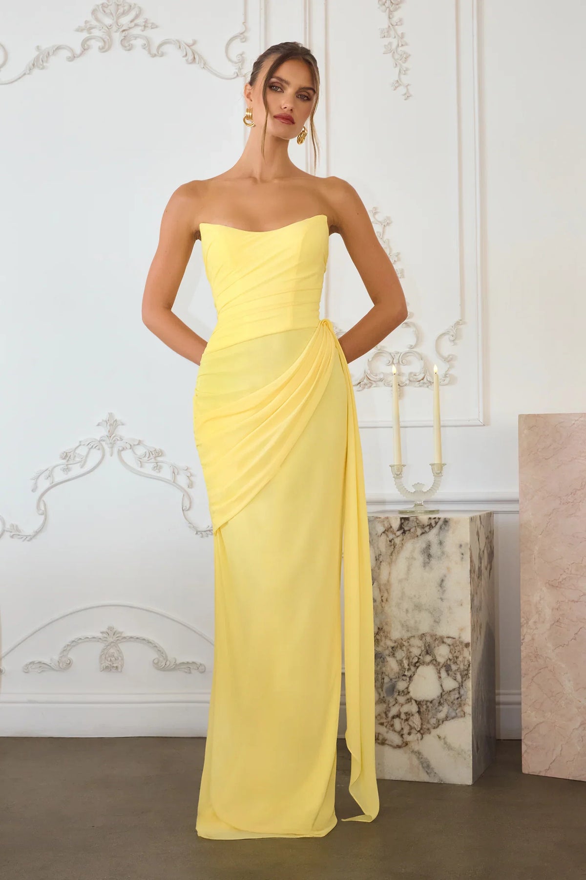 Skyler Gown Strapless Draped Chiffon Dress