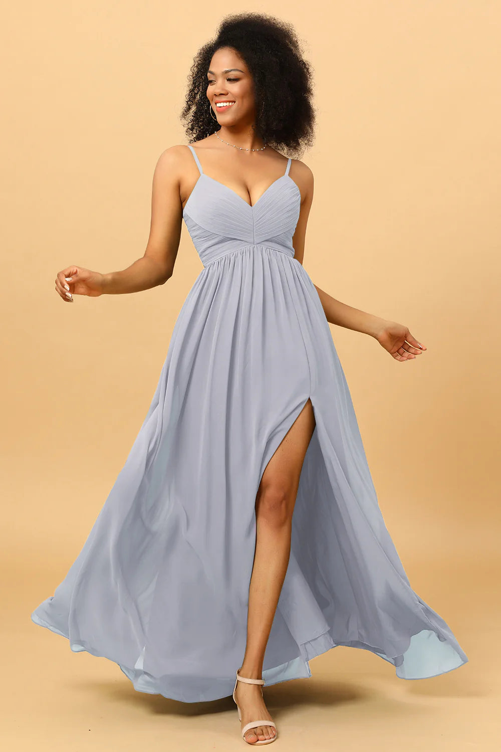 A Line Spaghetti Straps Ruched Long Chiffon Bridesmaid Dress with Slit