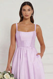 Lilac A Line Corset Satin Square Neck Long Bridesmaid Dress